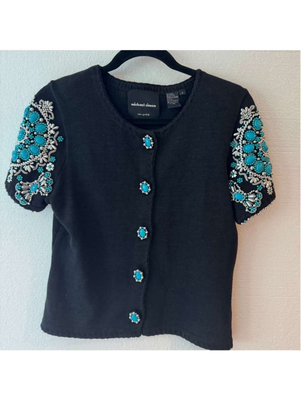 Vintage Michael Simon Sweater Dress Black Turquoise Beaded Cardigan Set of 2 - Picture 6 of 10